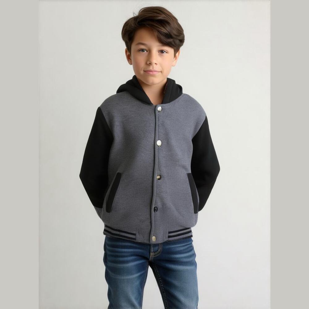1826 Varsity Boys Jacket Sz 7‎ Black Gray Hooded Sweatshirt Fleece Lined